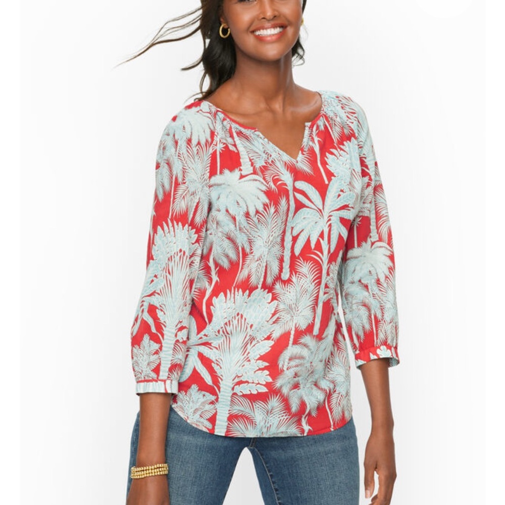 Talbots Blouse Oasis Palms Crinkle Gauze Poppver 100% Cotton Split Neck Sz 2X